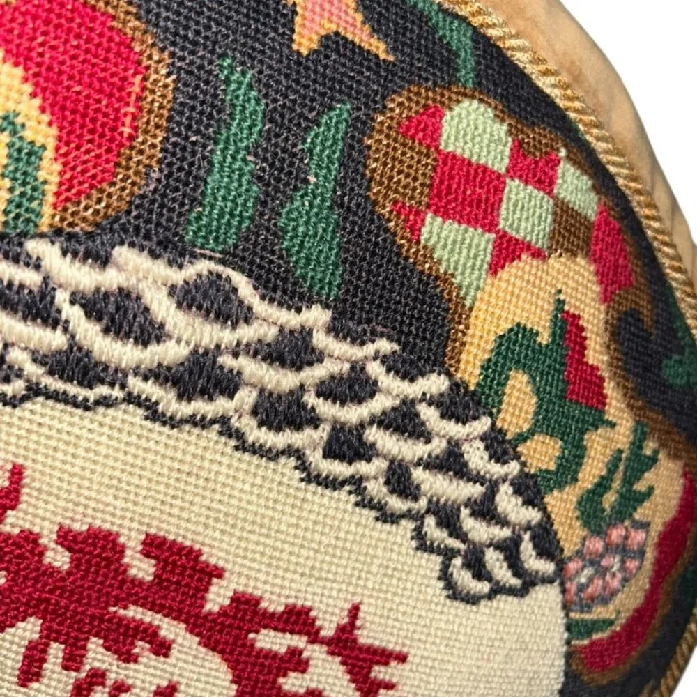 Antique NEEDLEPOINT crest abstract rich colors camel kahki velvet CIRCLE PILLOW